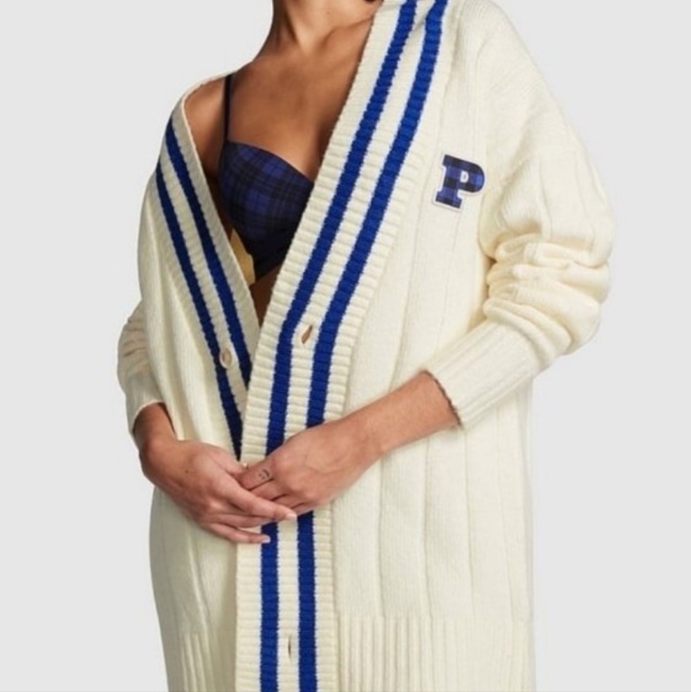 VS PINK VARSITY KNIT CARDIGAN white XL sweater